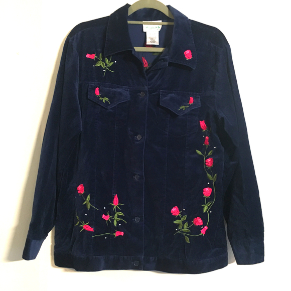 Blue Velvet Rose Embroidered and Sparkle Jacket Size Medium - Picture 3 of 14